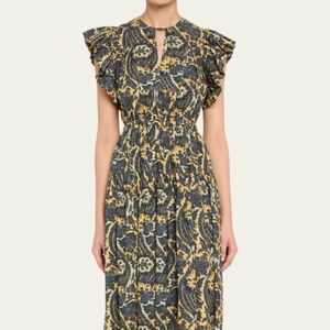 ULLA JOHNSON Kairi Flutter-Sleeve Midi Dress NWT